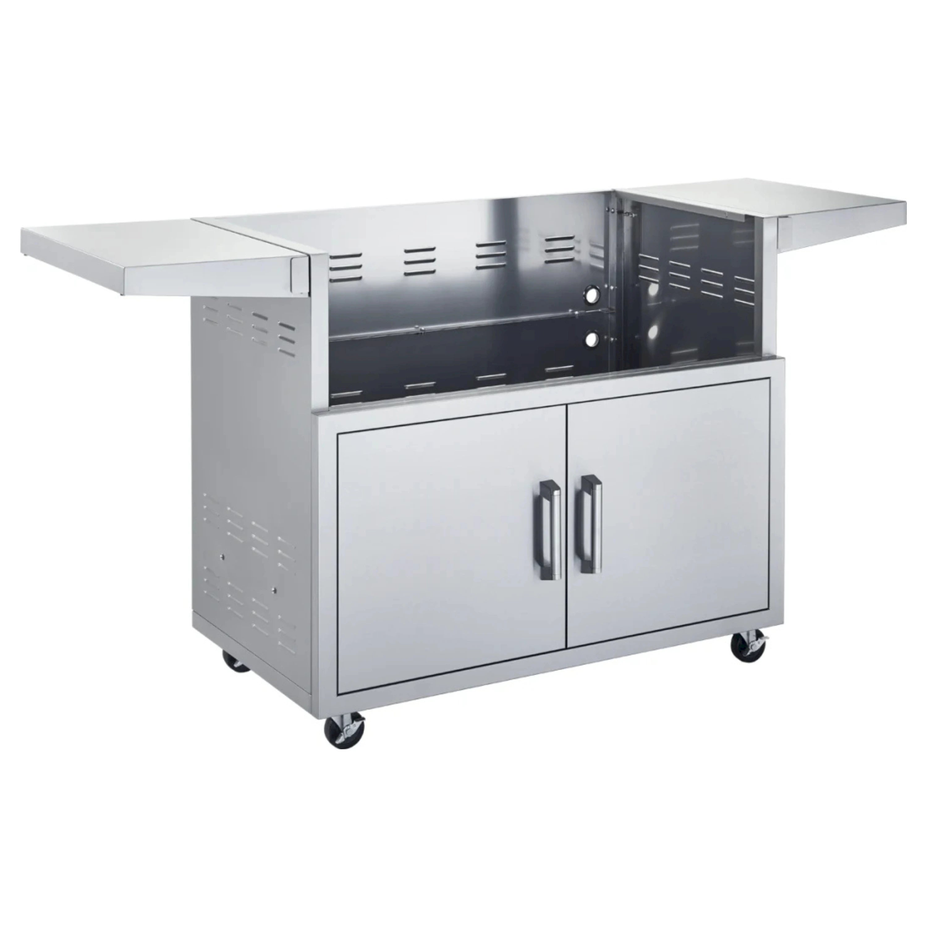 Stainless steel grill cart with 2 doors, side shelves, and caster wheels