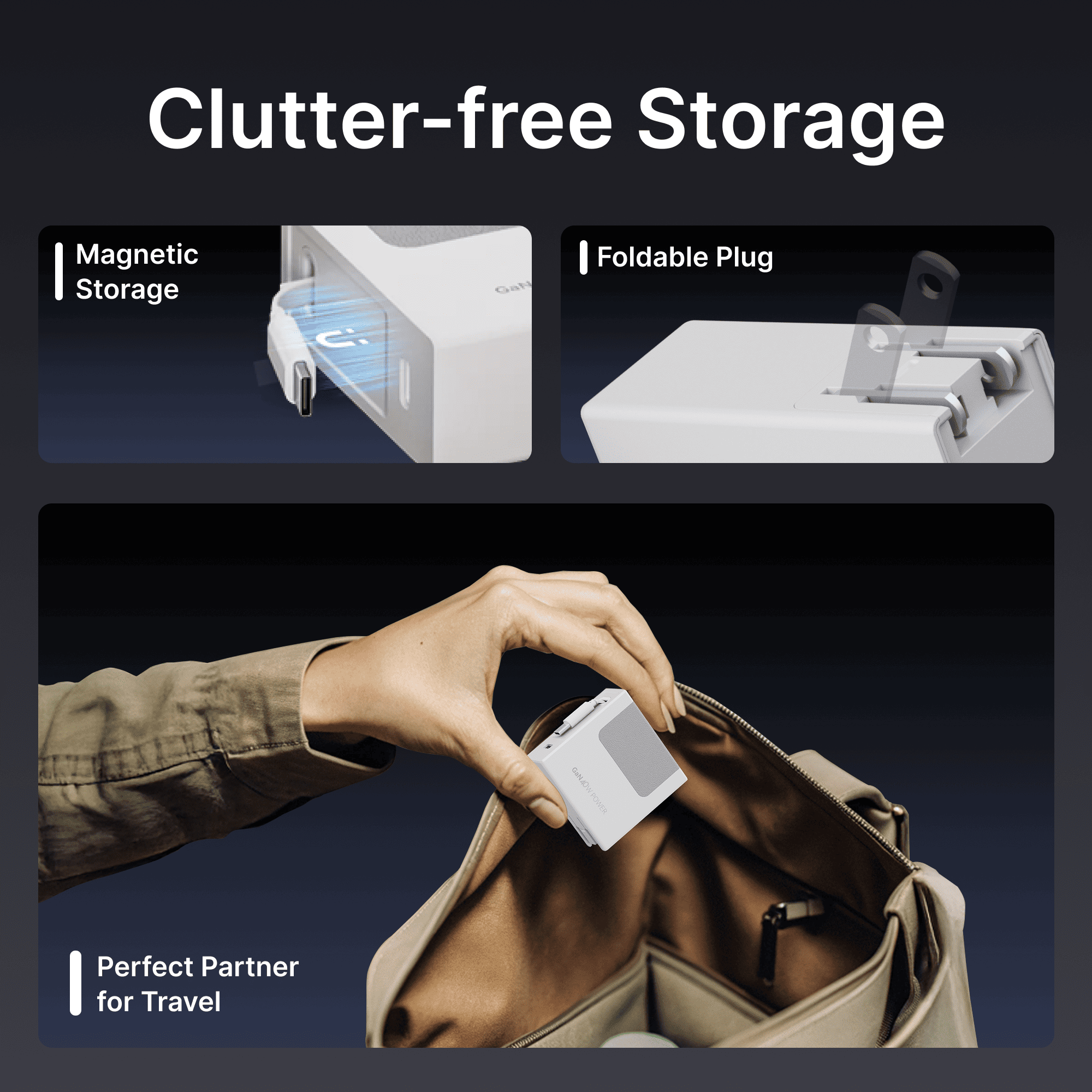 Compact white retractable charger with foldable plug, held for travel