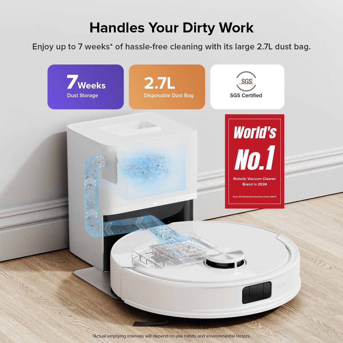 White robot vacuum and mop with auto-empty dock and clear dust bag window.