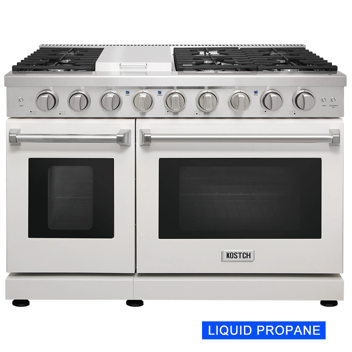 White gas range with six knobs, two oven doors, and LIQUID PROPANE label