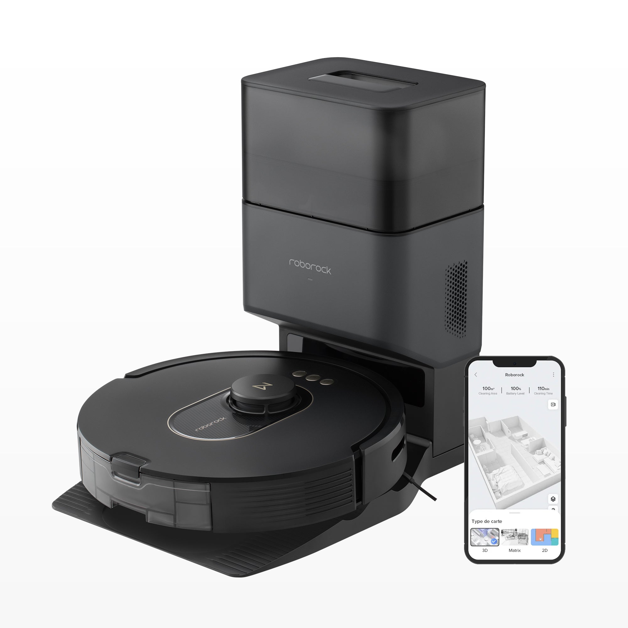 Roborock robot vacuum cleaner with auto-empty dock, dark gray and black