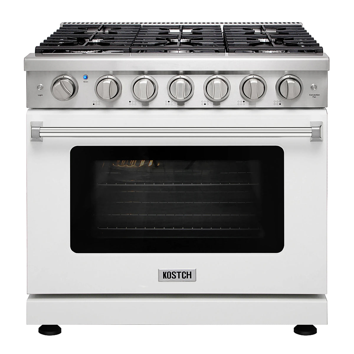 White gas range with six burners and convection oven, closed door with KOSTCH logo
