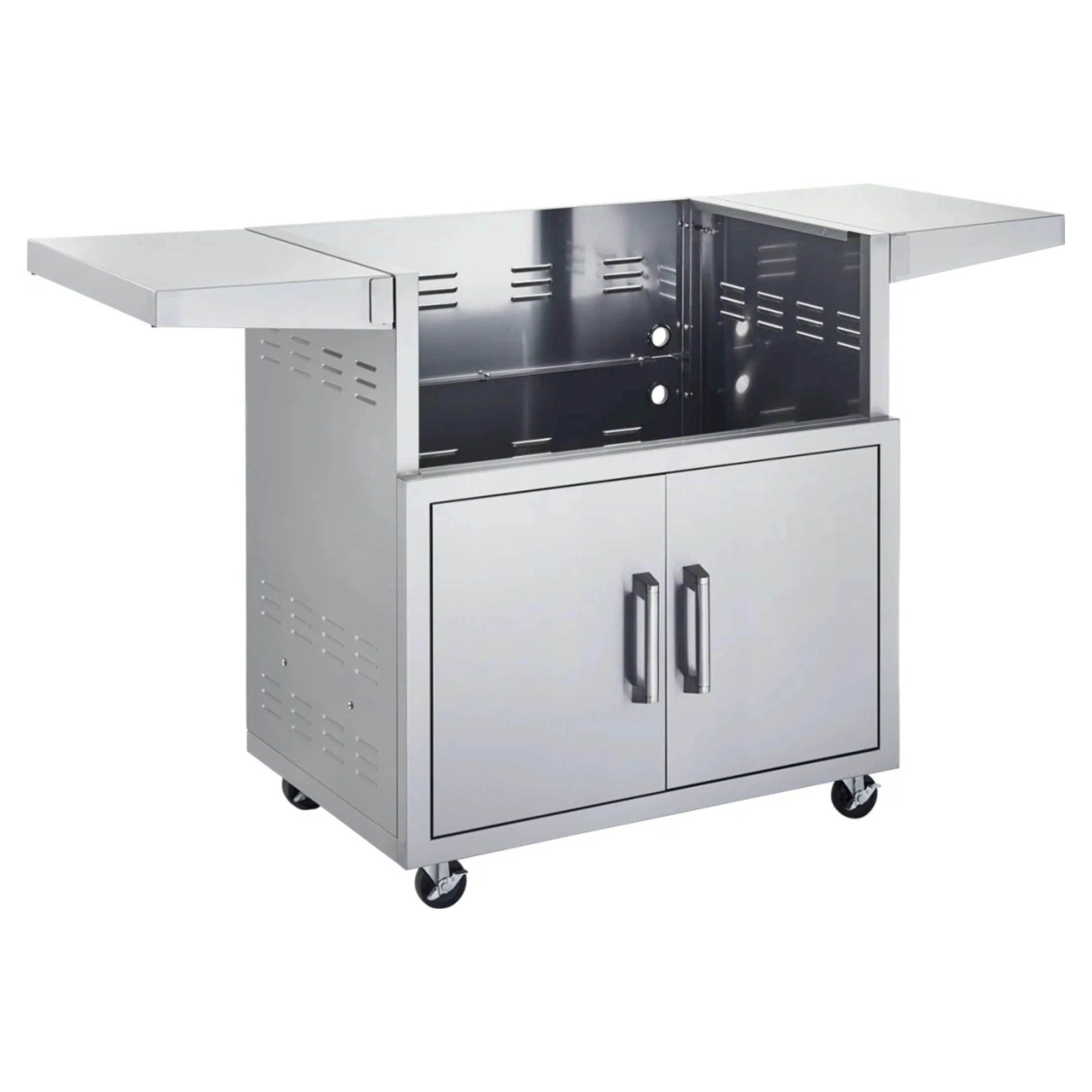 Stainless steel grill cart with two front doors, side shelves, and four caster wheels
