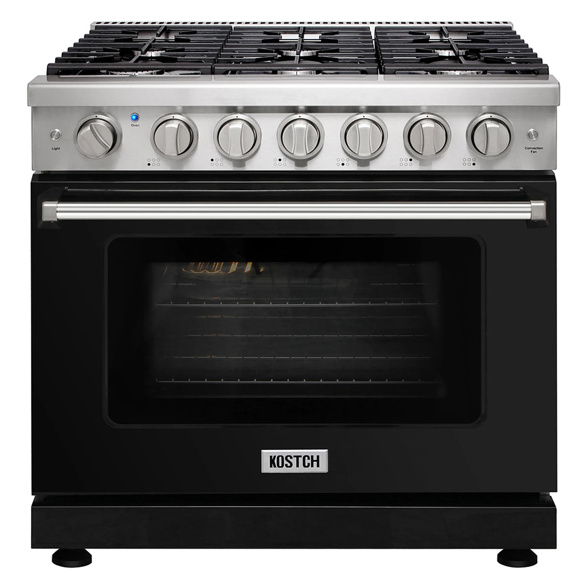 Black 36-inch propane gas range with 6 burners and oven window, front view.