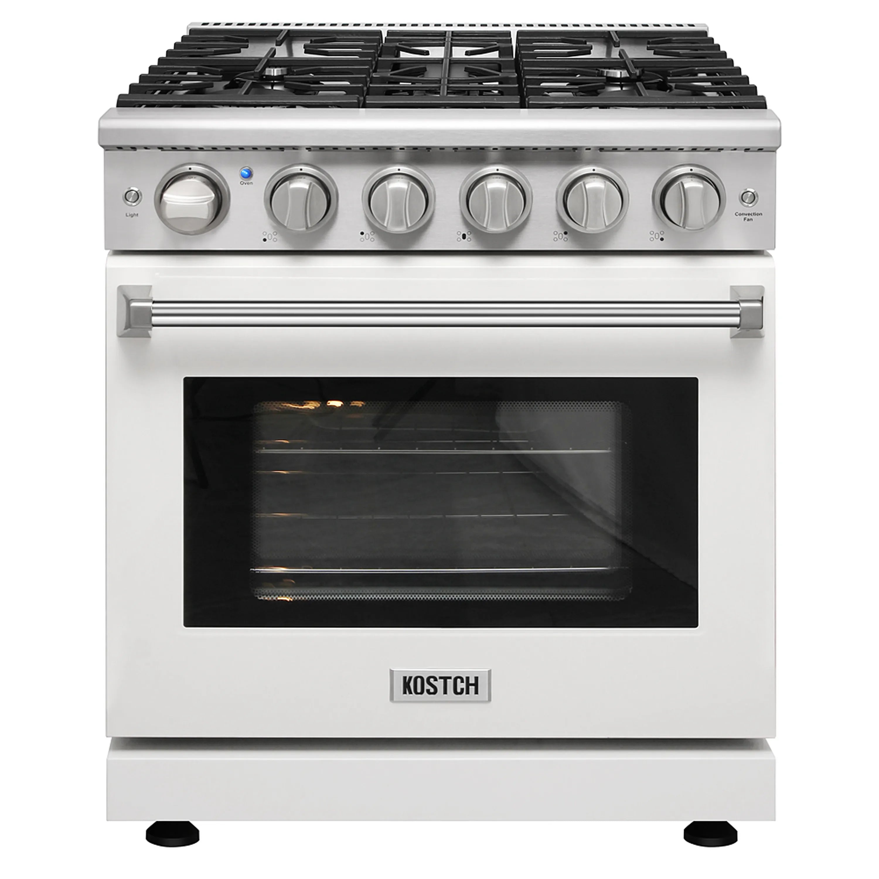 White 30-inch gas range with 5 burners and convection oven, stainless grates and knobs
