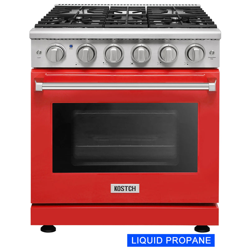 Kostch 30-Inch Propane Gas Range with 5 Burners & 4.55 Cu. Ft. Convection Oven in Red (KOS-30RG03MLP-R)