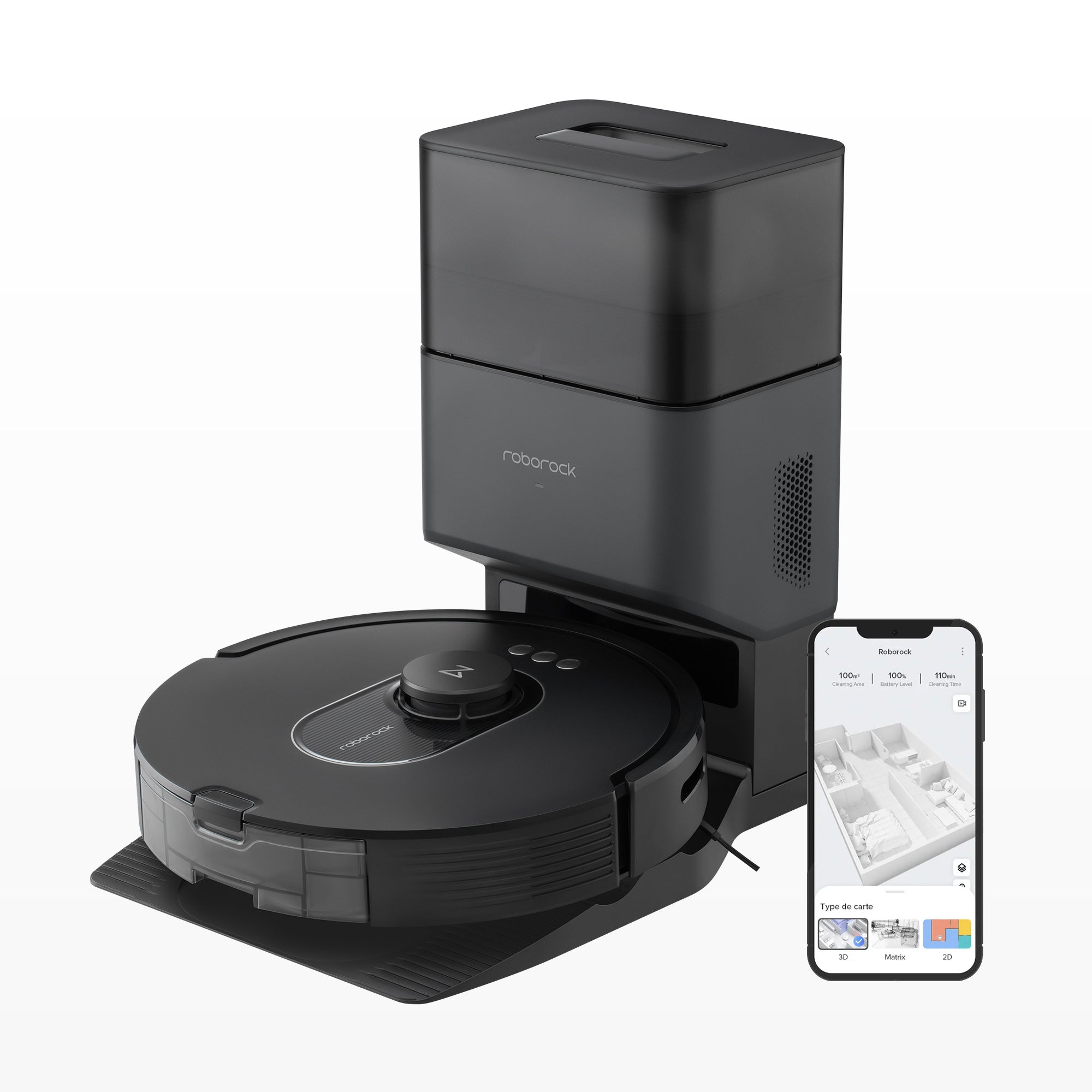 Black robot vacuum with tall docking station and smartphone app screen