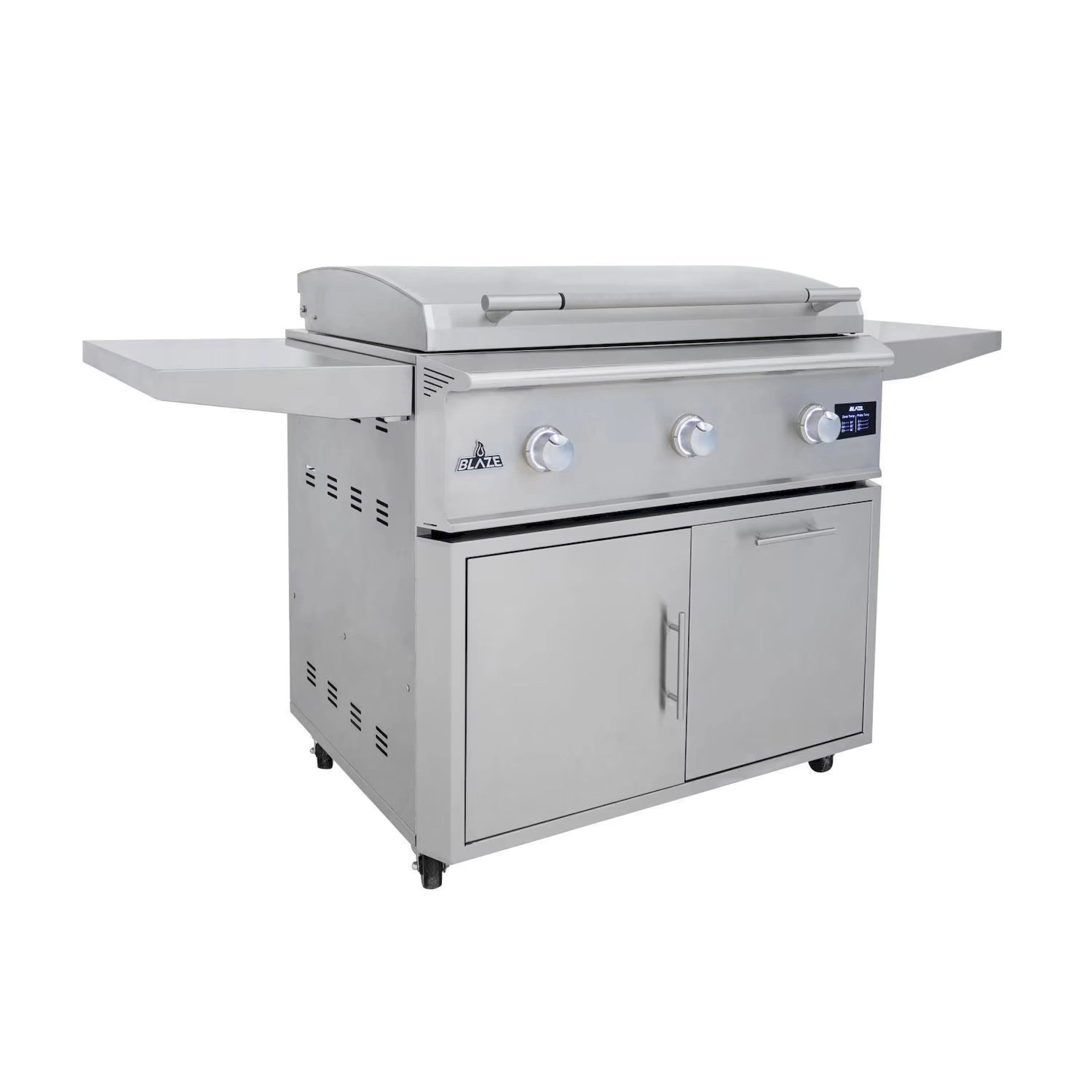 Freestanding stainless gas griddle with lift-assist lid and cabinet doors