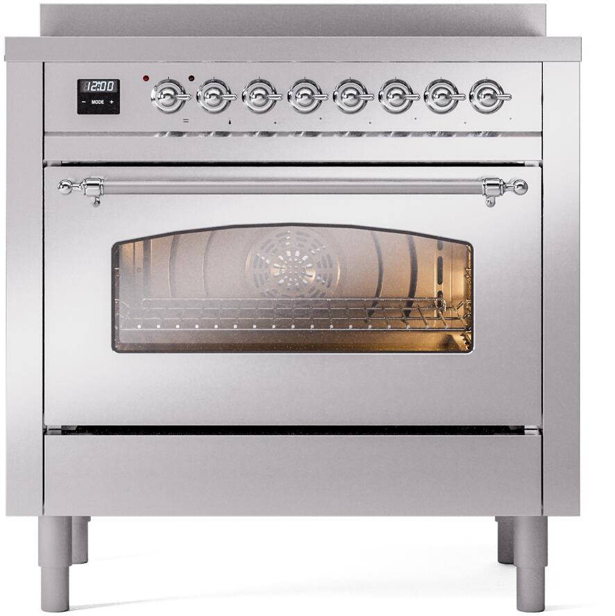 Stainless steel freestanding electric induction range with glass oven door and chrome control knobs