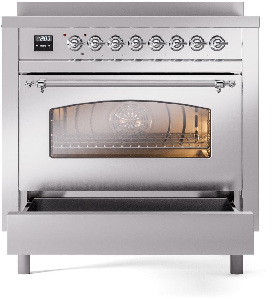 Freestanding stainless steel electric induction range with open oven door and chrome handle bar