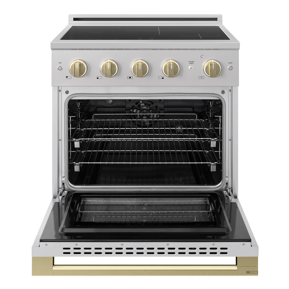 ZLINE Autograph 30-Inch Marino Induction Range in Stainless Steel with Champagne Bronze (MINRZ-30-CB) - oven door open
