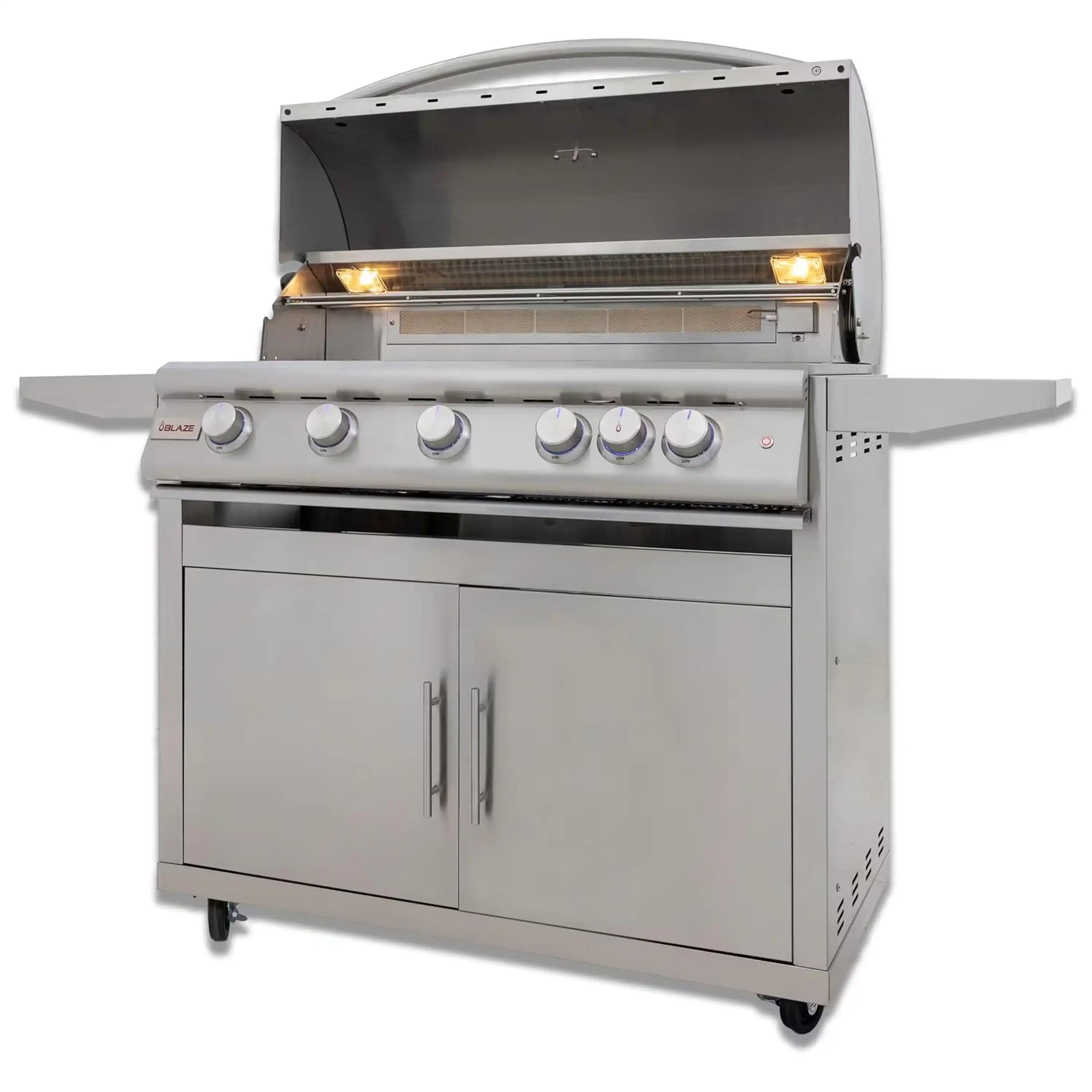 Stainless steel freestanding gas grill with cabinet base and open cooking hood