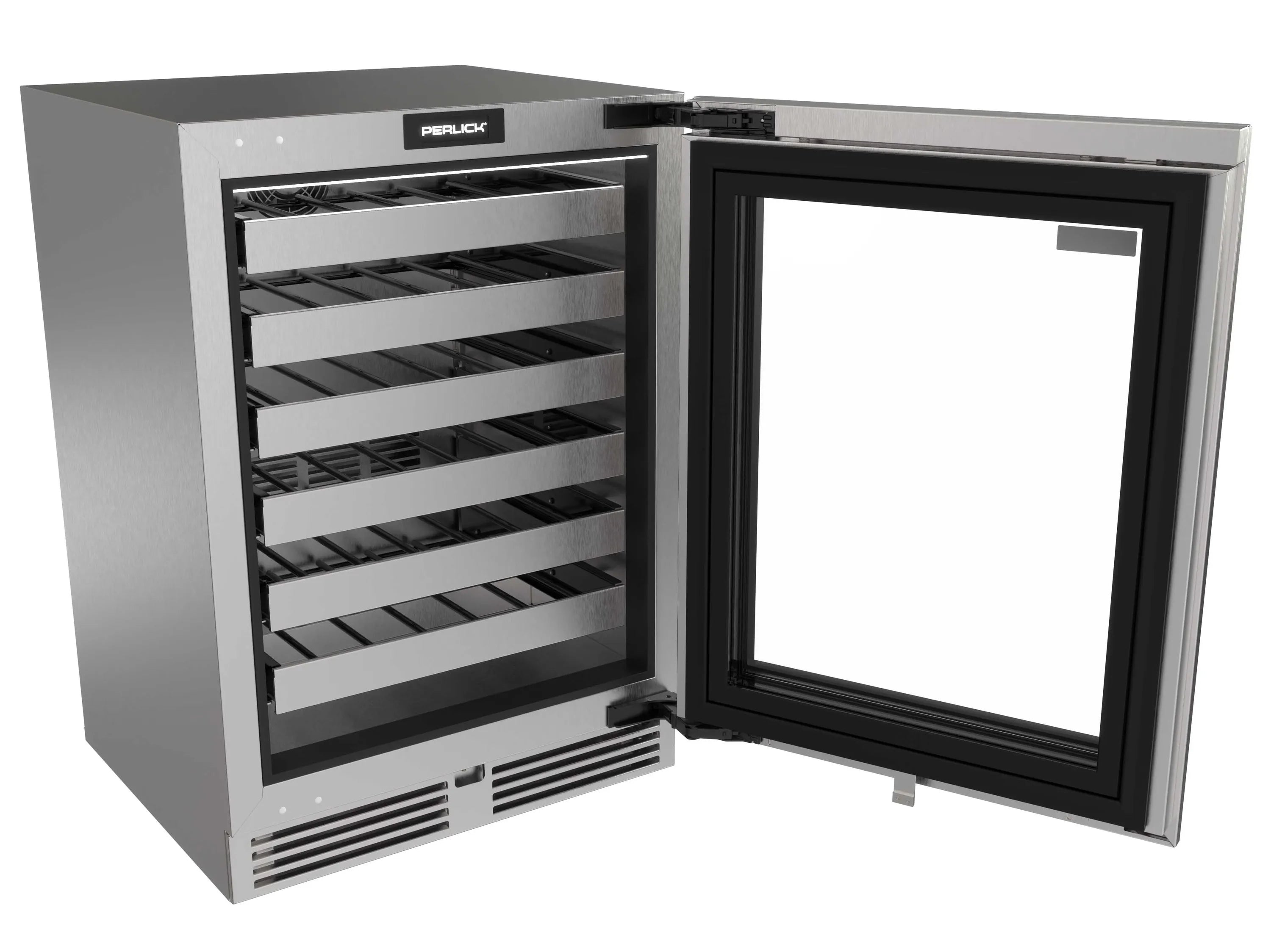 Stainless wine cooler with open door revealing adjustable wire wine racks