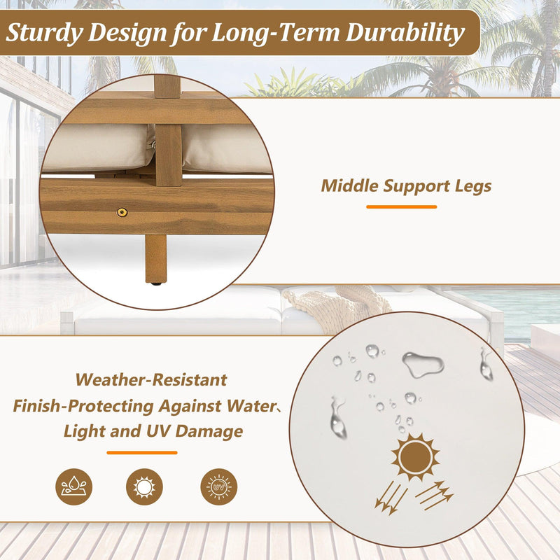 Parrot Uncle Outdoor Patio Daybed with Four Pillows, Wooden Outdoor Bed with Curved Armrests for Poolside, Backyard, Garden