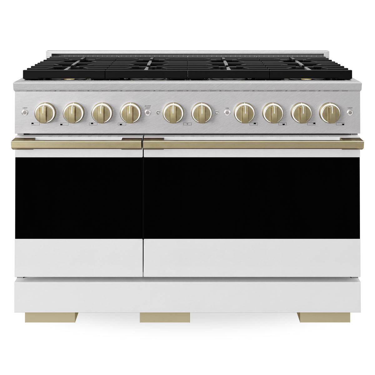 ZLINE Autograph 48-Inch Marino Gas Range with DuoPro Cooktop in Satin Stainless Steel with White Matte and Champagne Bronze (PMGRSZ-WM-48-CB) - front view