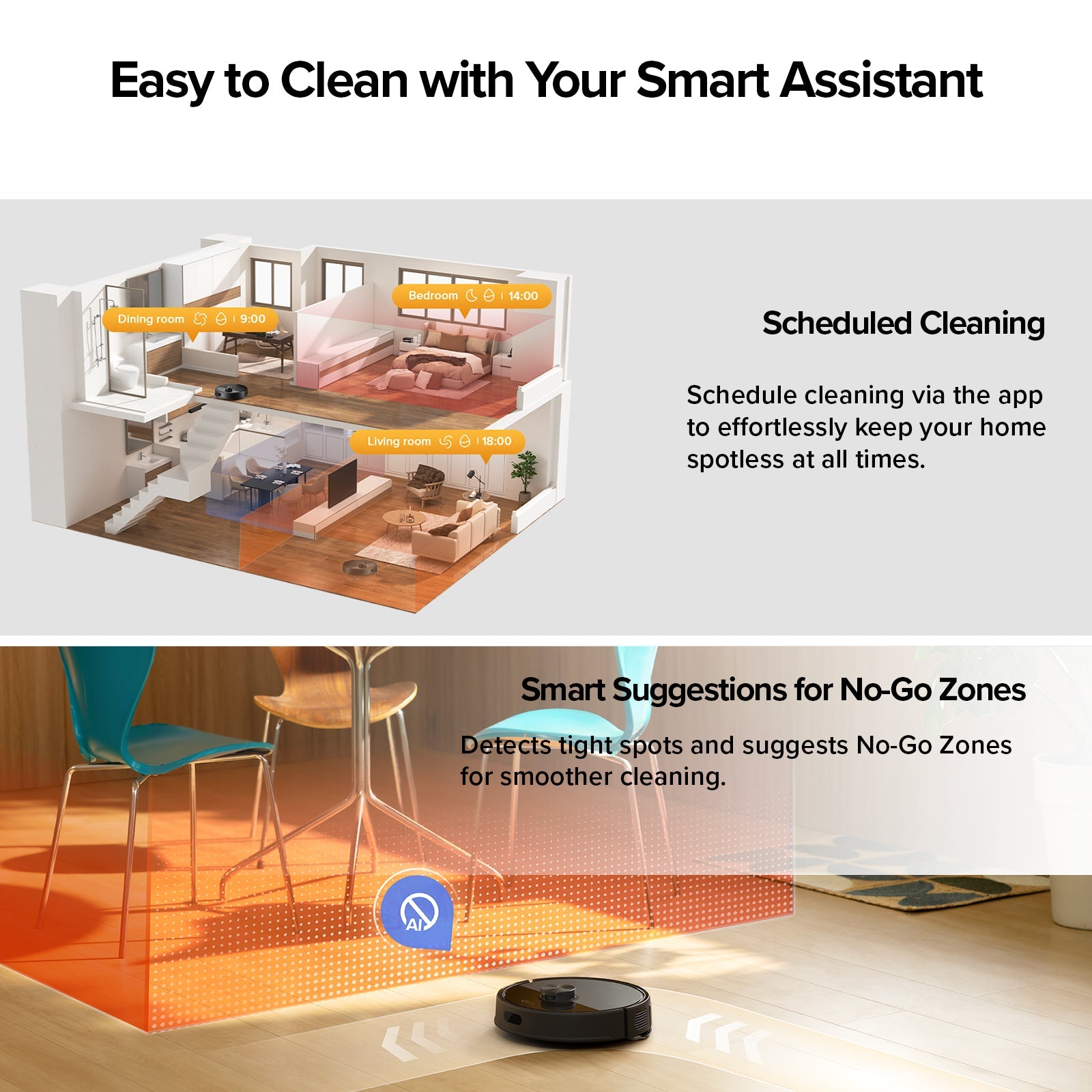 Black robot vacuum on the floor with smart assistant suggestions overlay