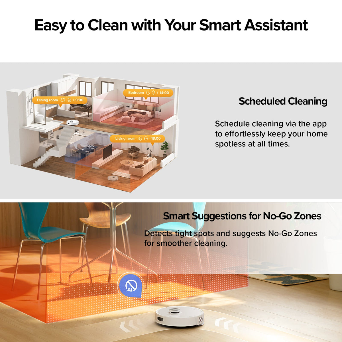 Robot vacuum with 3D room map in the app for scheduled cleaning and no-go zones