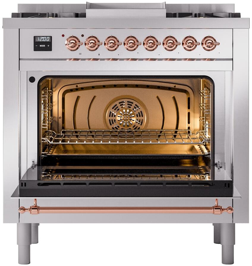 Open oven with wire rack and warm interior, stainless range with copper accents