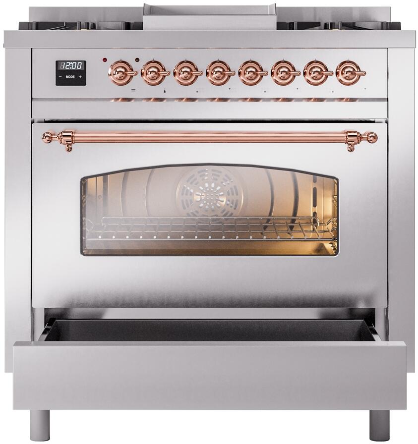 Oven door open with rack inside and copper bar handle, stainless freestanding range