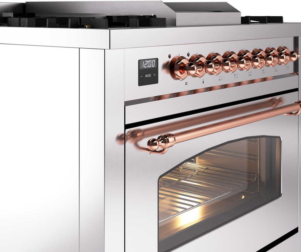 Stainless steel dual-fuel range with copper-trim control knobs, handle, and oven window