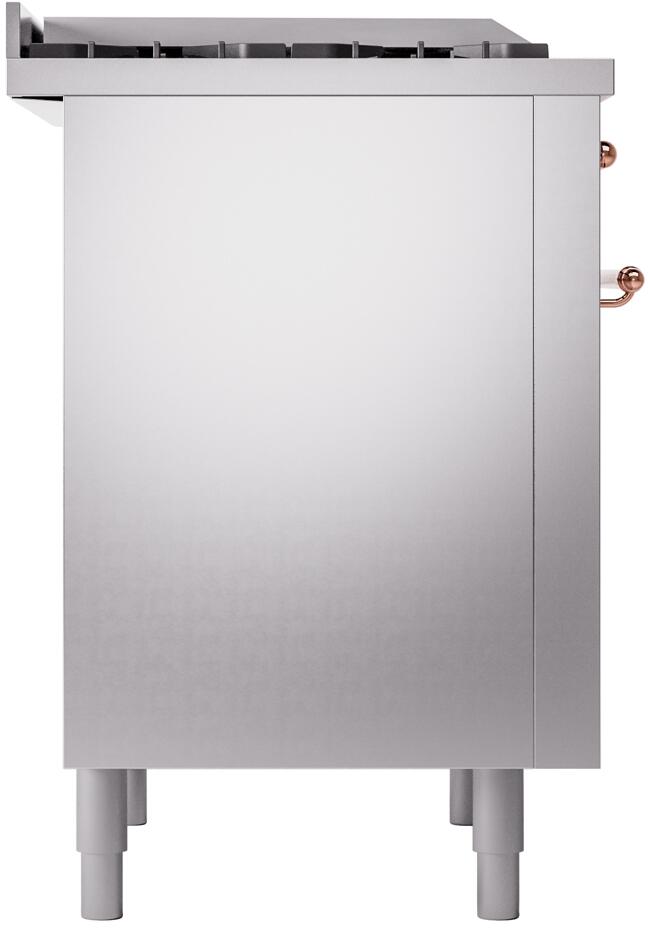 Stainless steel dual-fuel range side panel with copper-trim control knob