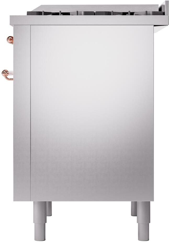 Back/side panel of freestanding stainless range with copper knob edge and leveling legs