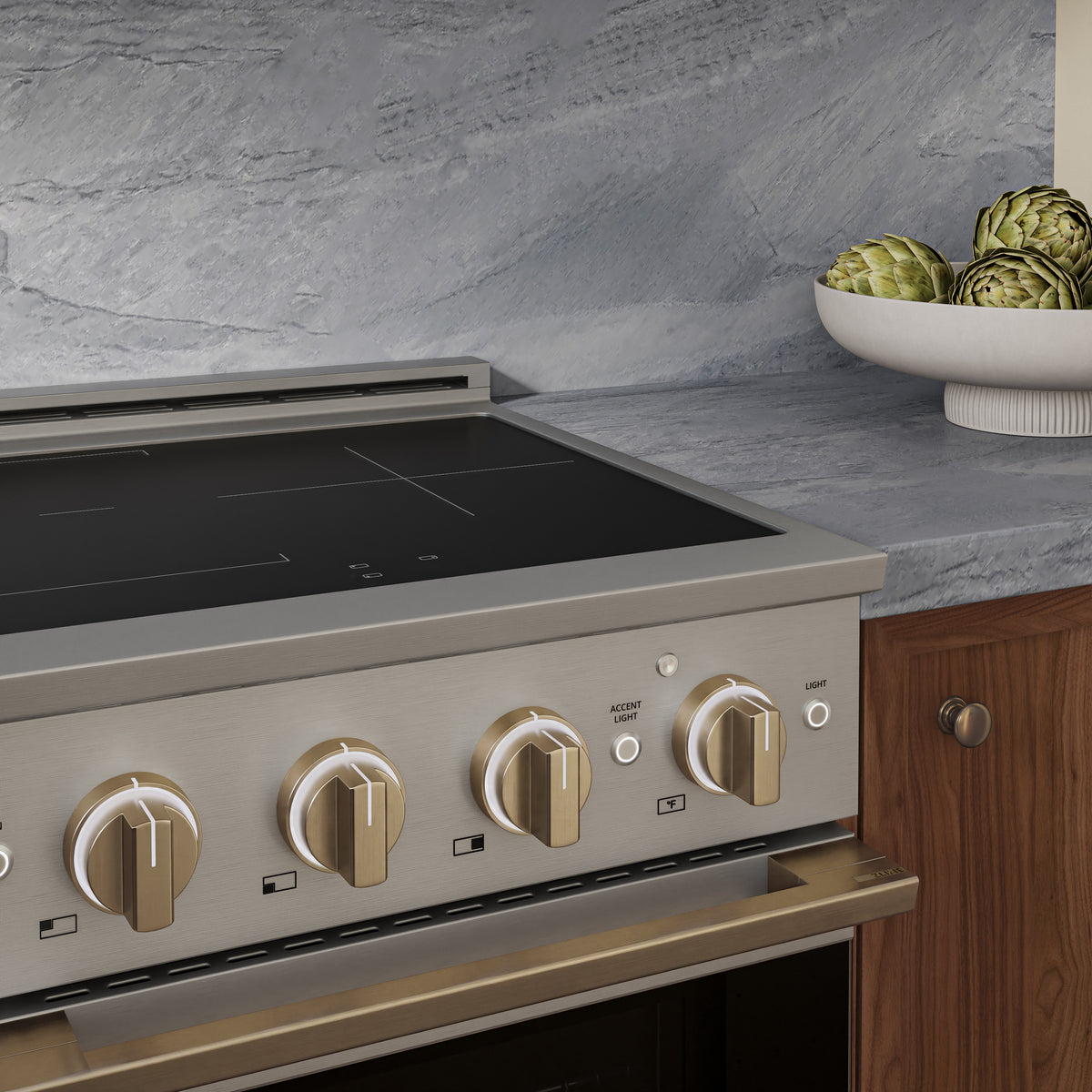 ZLINE Autograph 24-Inch Marino Induction Range in Stainless Steel with Champagne Bronze (MINRZ-24-CB) - kitchen lifestyle view