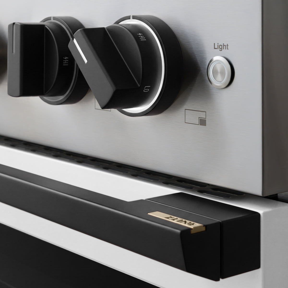 ZLINE Autograph 48-Inch Marino Gas Range with DuoPro Cooktop in Stainless Steel with White Matte and Matte Black (PMGRZ-WM-48-MB) - illuminated knob detail