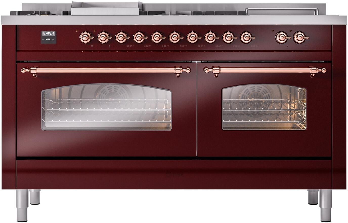 Burgundy gas range with copper-trimmed knobs and dual glass oven doors