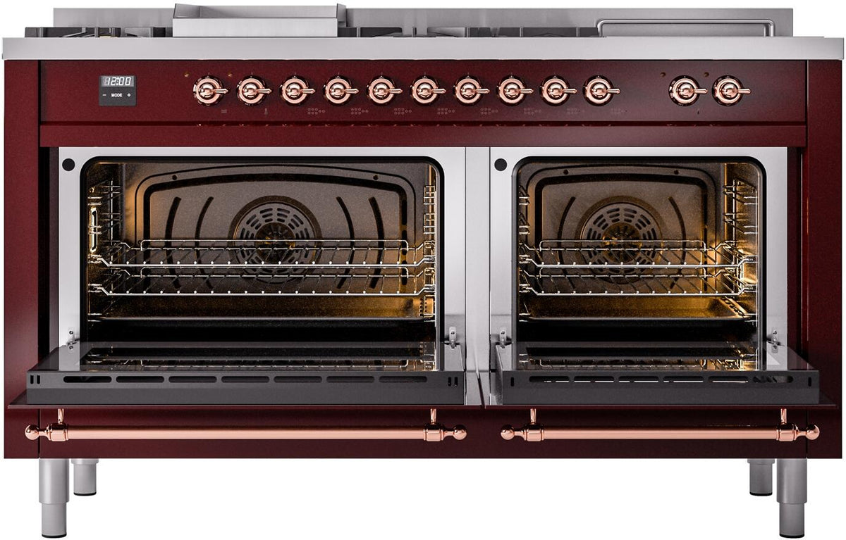 Burgundy gas range with both oven doors open and wire racks visible