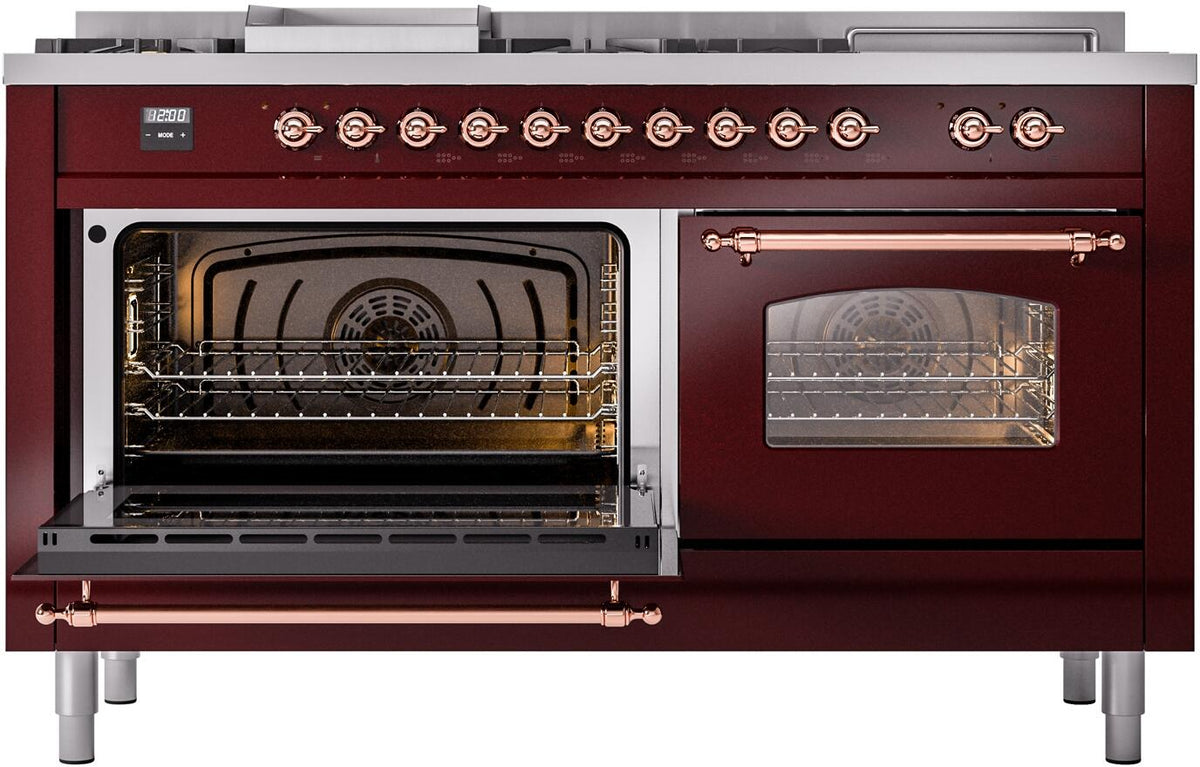 Burgundy gas range with left oven door open and right glass oven door