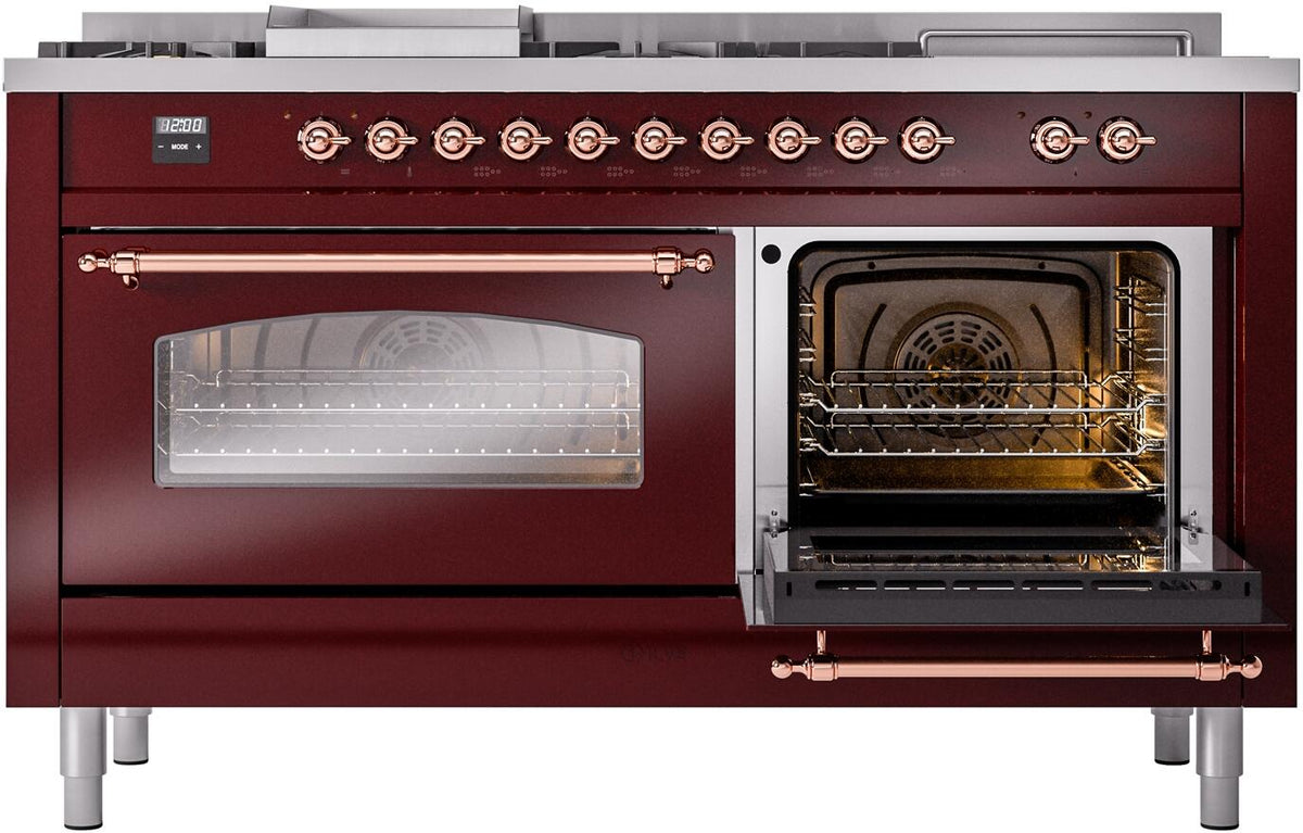 Burgundy gas range with right oven door open and left glass oven door