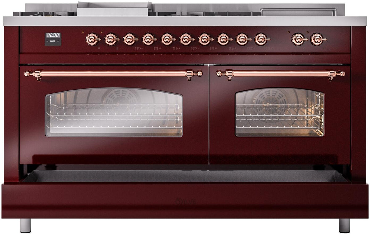 Burgundy gas range front with dual glass doors and copper control handles