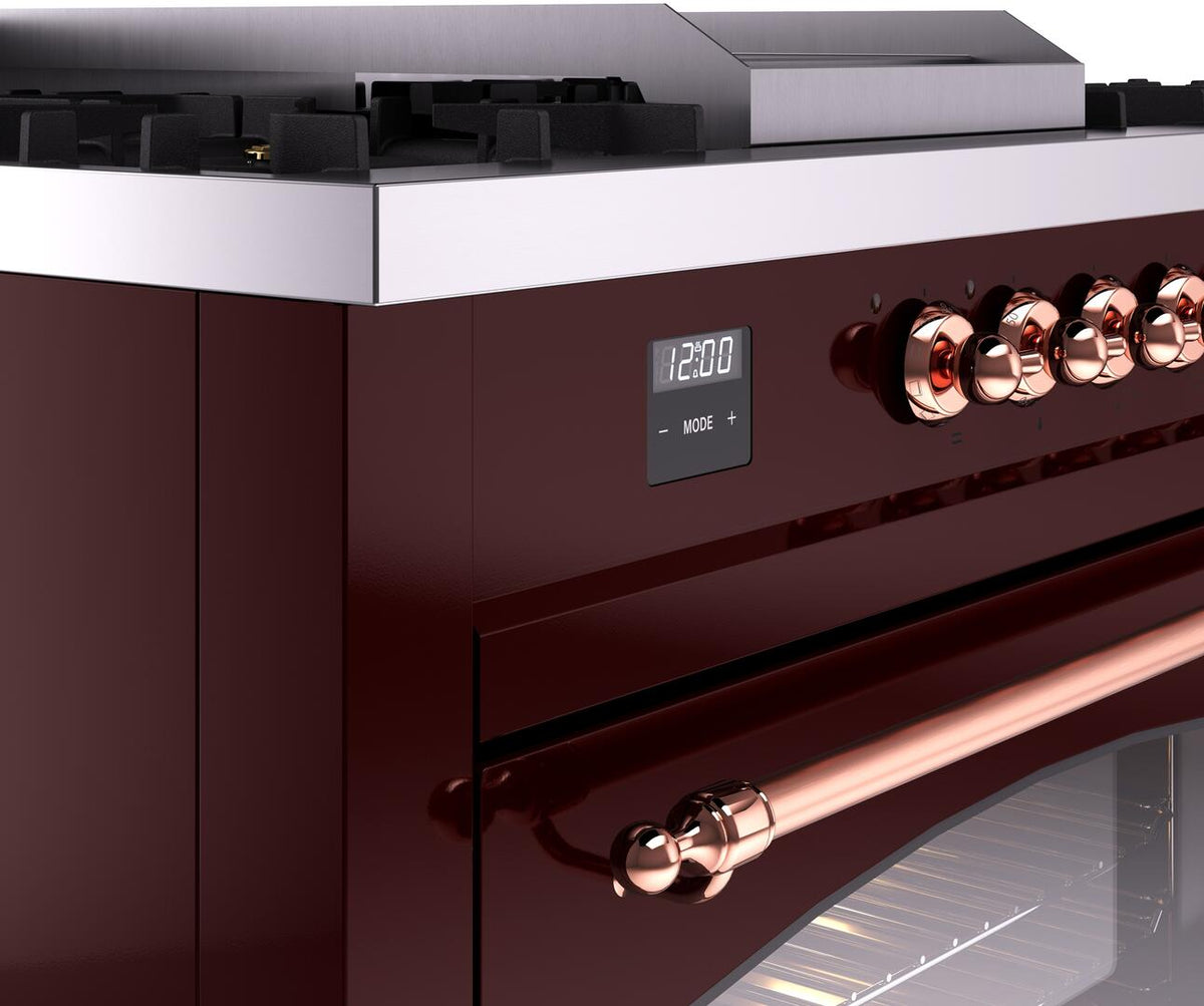 Burgundy range control panel with copper knobs and digital display