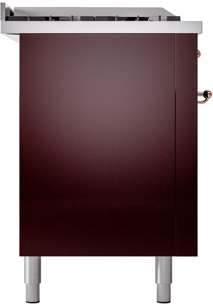 Burgundy range side panel with copper control knob and silver leveling legs