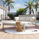 Parrot Uncle Outdoor Patio Daybed with Four Pillows, Wooden Outdoor Bed with Curved Armrests for Poolside, Backyard, Garden