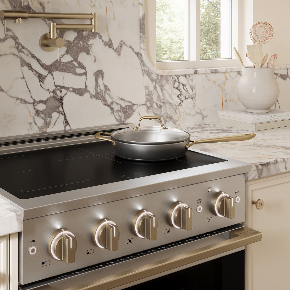 ZLINE Autograph 30-Inch Marino Induction Range in Stainless Steel with Champagne Bronze (MINRZ-30-CB) - kitchen lifestyle view