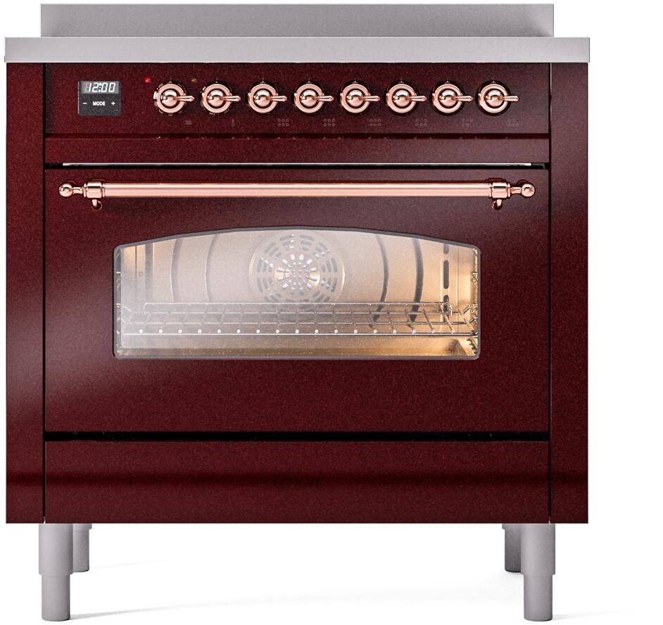 Burgundy freestanding electric induction range with copper oven handle and control knobs