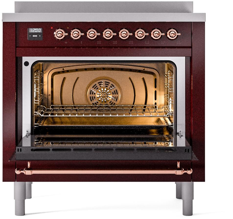 Burgundy induction range with open oven door and visible wire rack inside