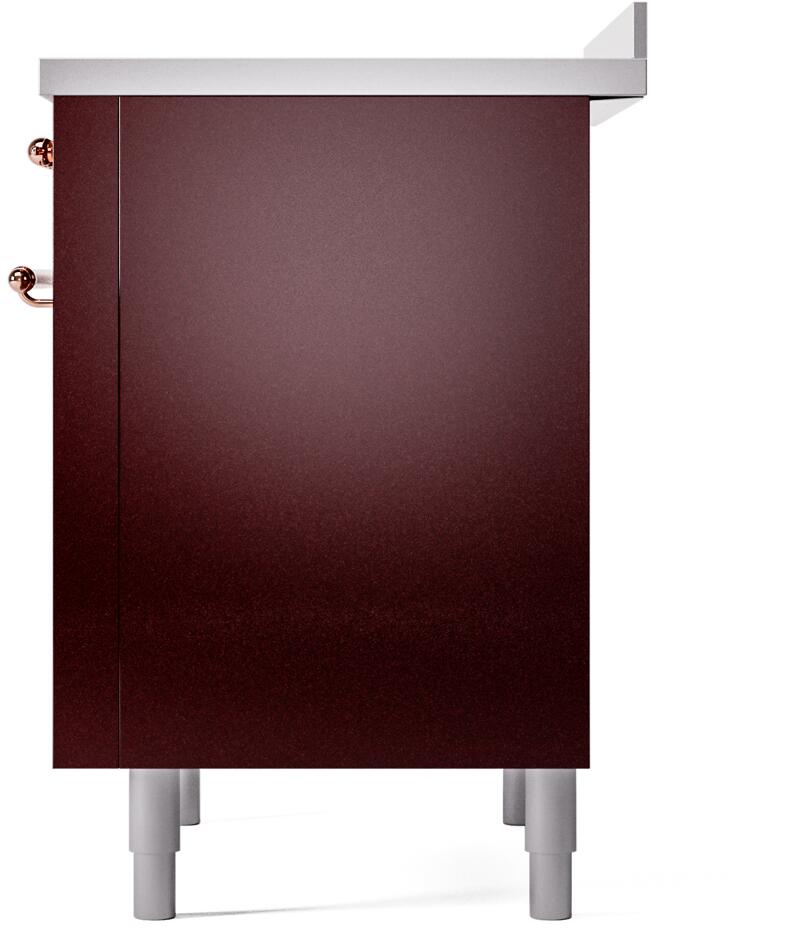 Burgundy freestanding induction range rear panel with legs and copper side fittings