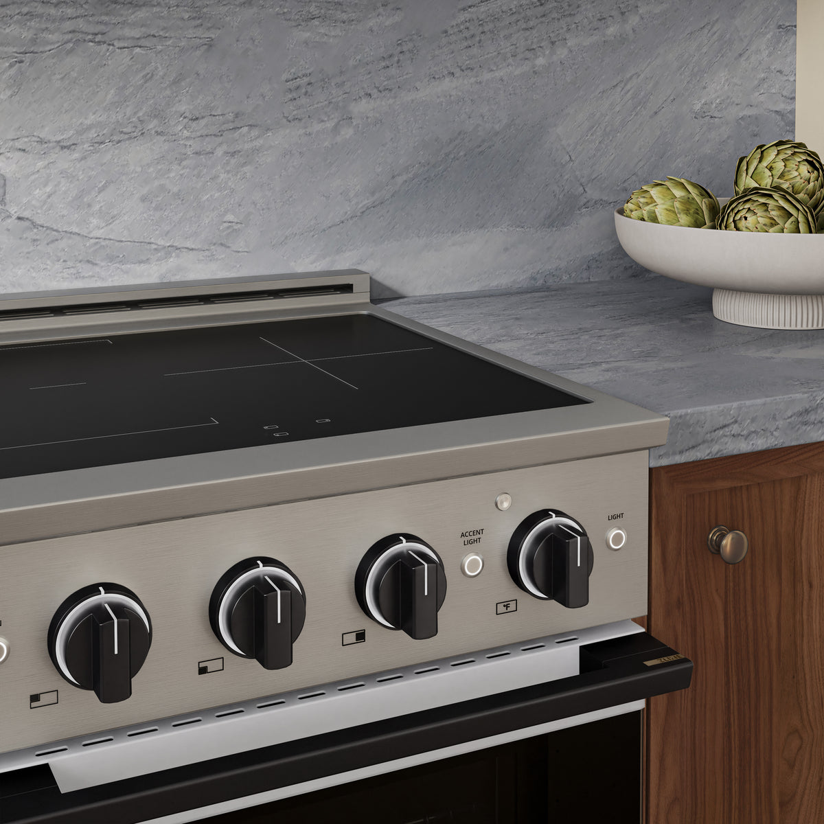 ZLINE Autograph 24-Inch Marino Induction Range in Stainless Steel with White Matte and Matte Black (MINRZ-WM-24-MB) - kitchen lifestyle view