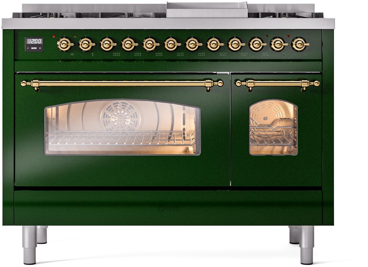 Emerald green dual fuel freestanding range with brass trim and oven windows