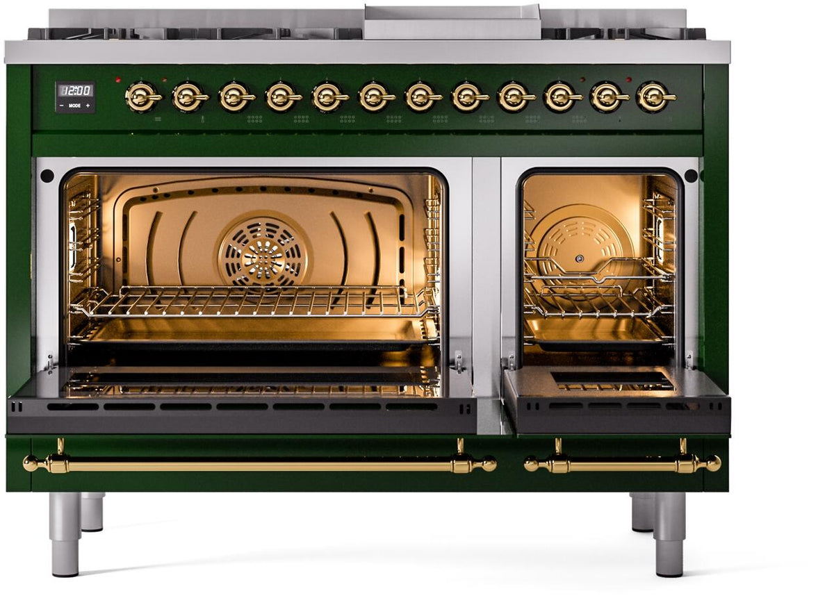 Dual fuel freestanding range with both ovens open, showing interior racks and lighting