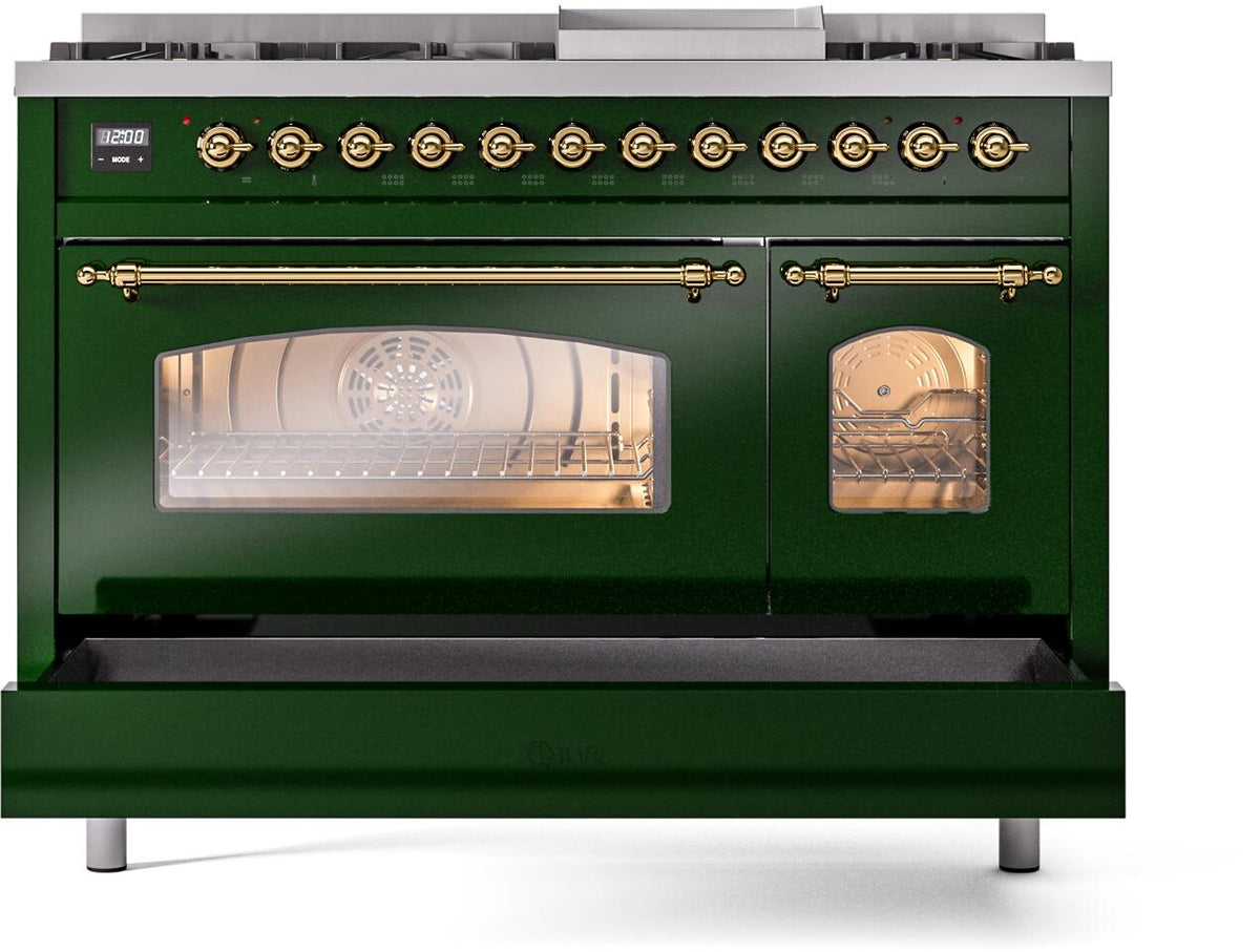 Front view of emerald green dual fuel range with glass oven window and brass accents