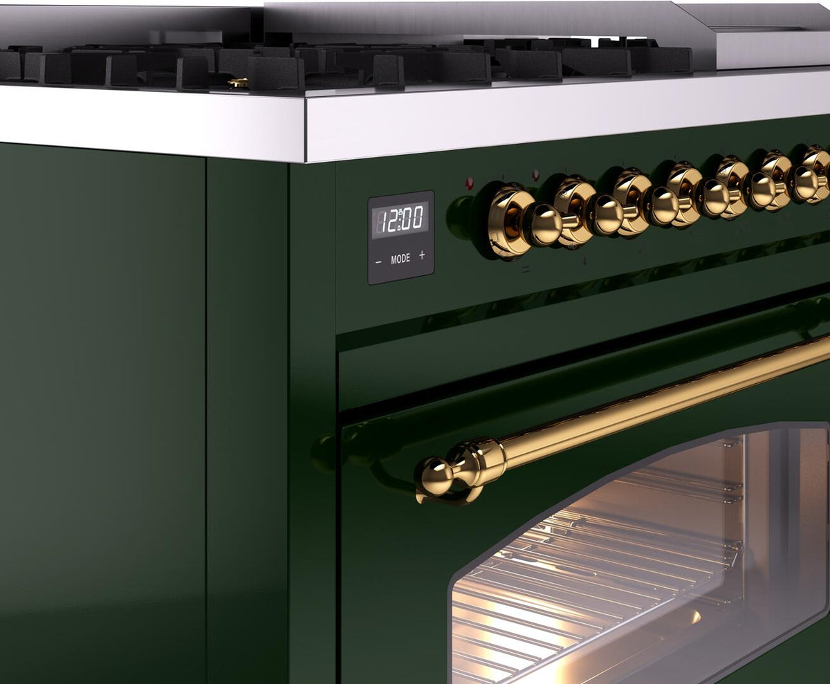 Side view of emerald green range showing brass knobs and oven door opening