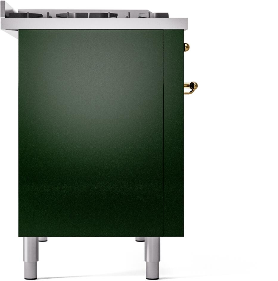 Emerald green side panel of a freestanding dual fuel range with silver legs