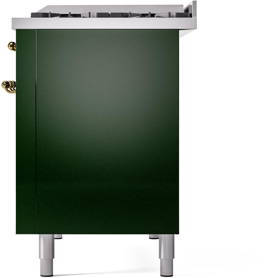 Back view of an emerald green freestanding dual fuel range with rear brass details