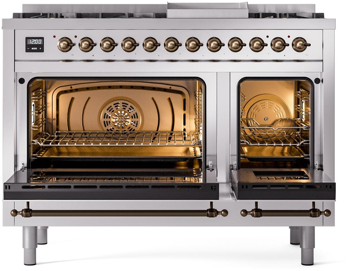 Dual fuel range with both oven doors open, showing lit oven interiors and racks
