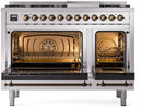 ILVE Nostalgie II 48-Inch Freestanding Natural Gas Dual Fuel Range in Stainless Steel with Bronze Trim (UP48FNMPSSB)
