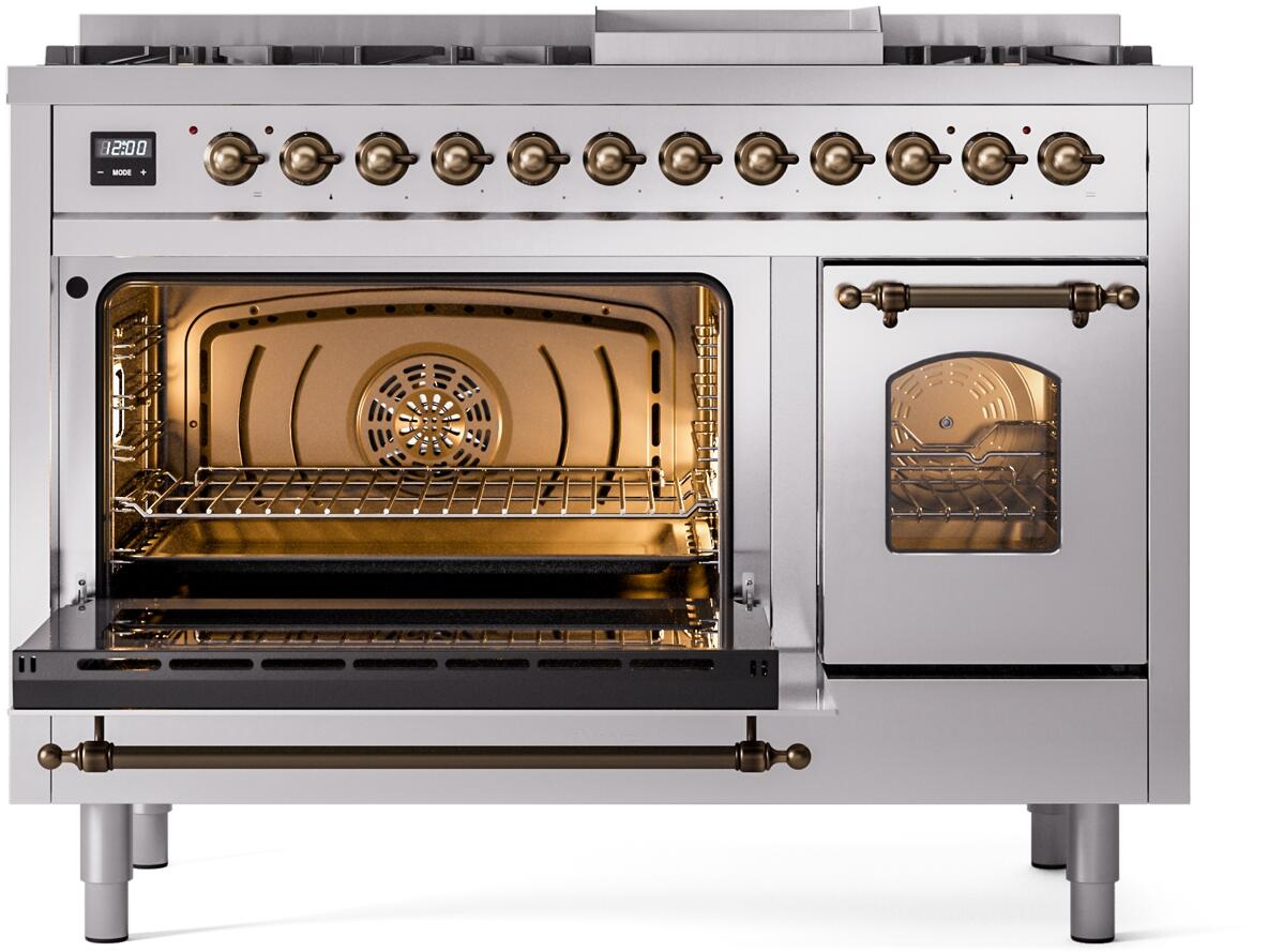 Freestanding dual fuel range with left oven door open and lit oven cavity with rack
